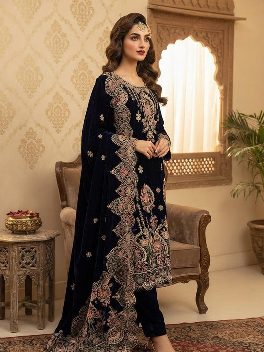Heavy Zari Embroidered Velvet 3-Piece Suit