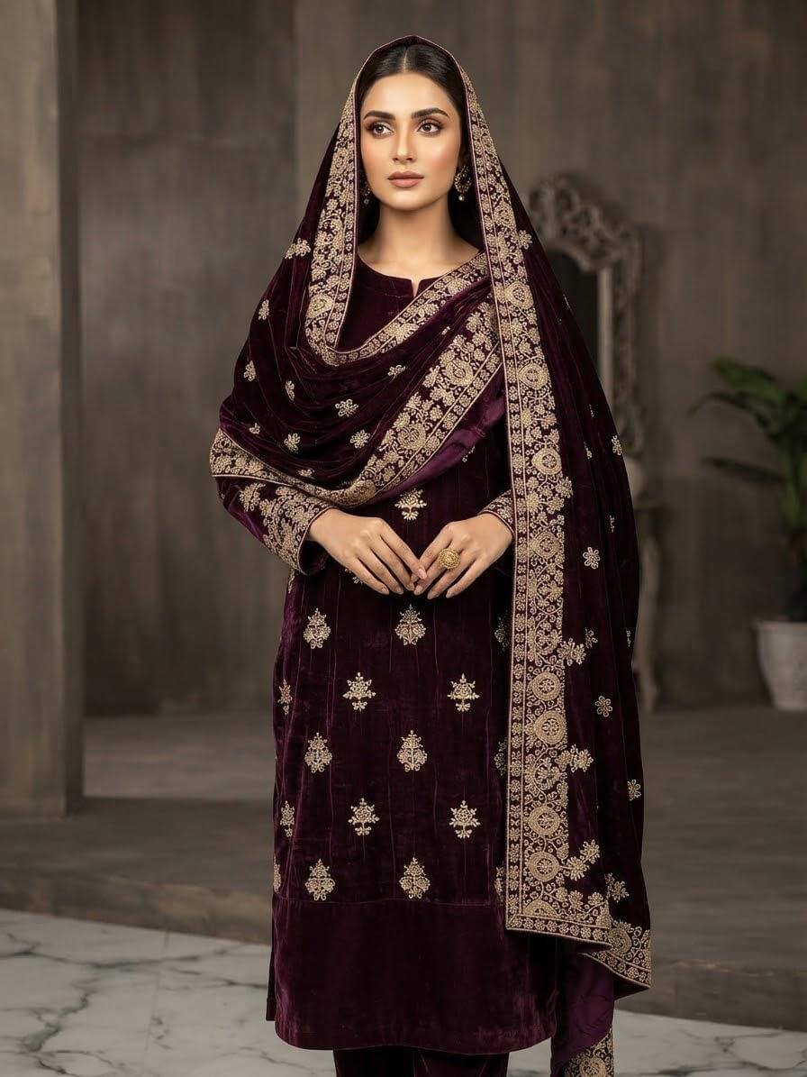 Embroidered Micro Velvet 3-Piece Suit