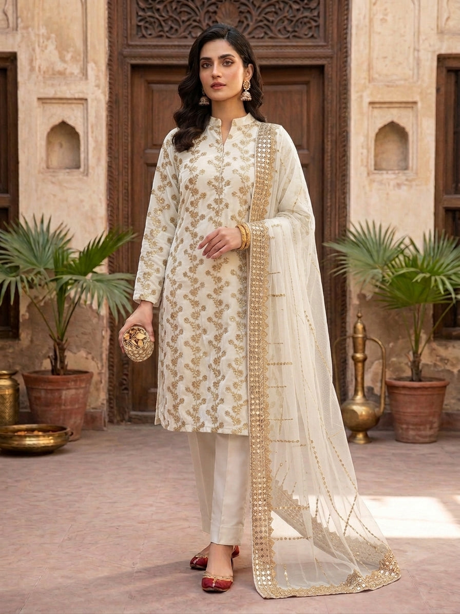 Chiffon Beaded Embroidered 3-Piece Unstitch Suit