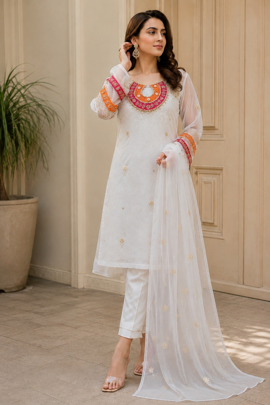 Handcrafted Organza 3-Piece Suit | Gol Galla Embroidered Dress