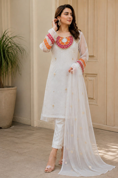 Handcrafted Organza 3-Piece Suit | Gol Galla Embroidered Dress