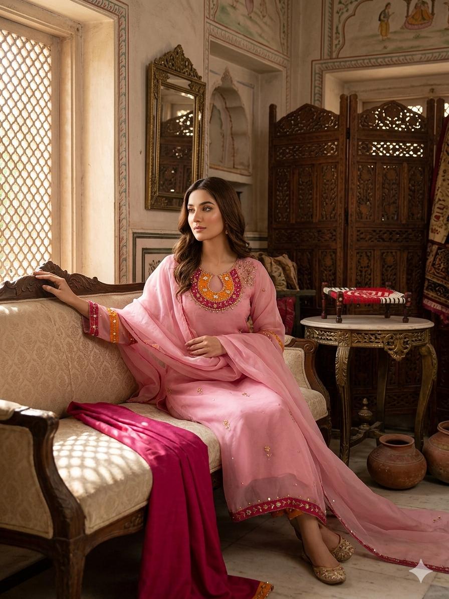 Handcrafted Organza 3-Piece Suit | Gol Galla Embroidered Dress