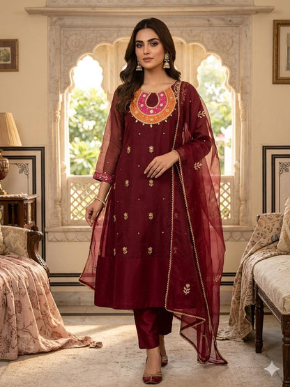 Handcrafted Organza 3-Piece Suit | Gol Galla Embroidered Dress