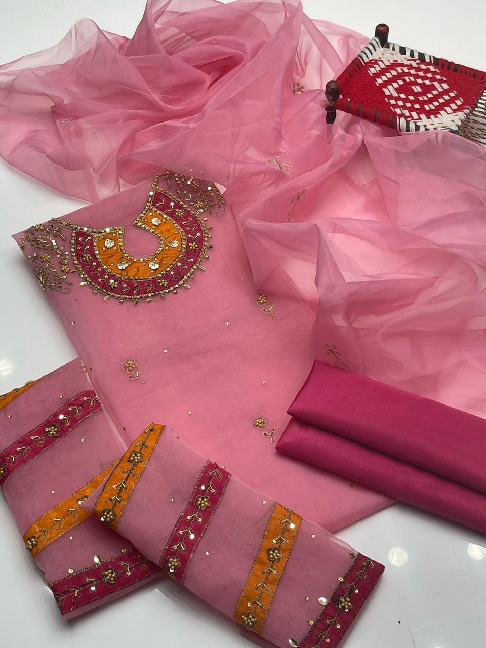 Handcrafted Organza 3-Piece Suit | Gol Galla Embroidered Dress