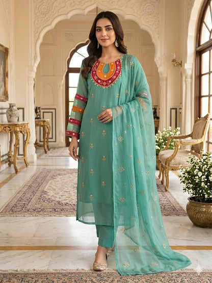 Handcrafted Organza 3-Piece Suit | Gol Galla Embroidered Dress