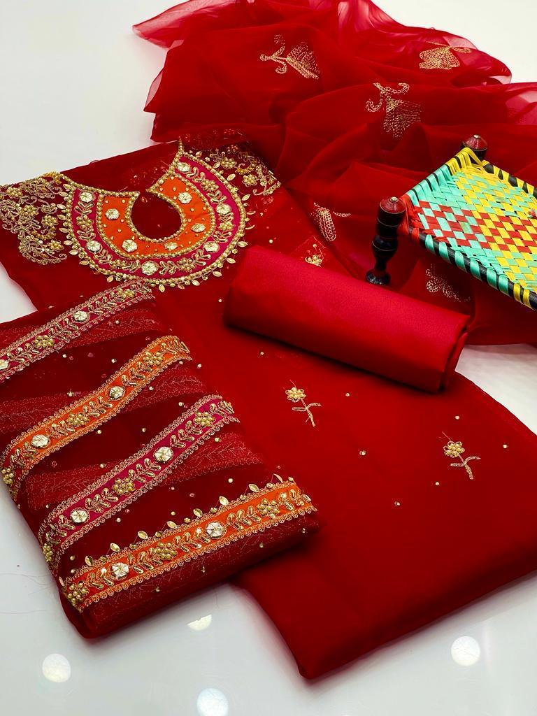 Handcrafted Organza 3-Piece Suit | Gol Galla Embroidered Dress