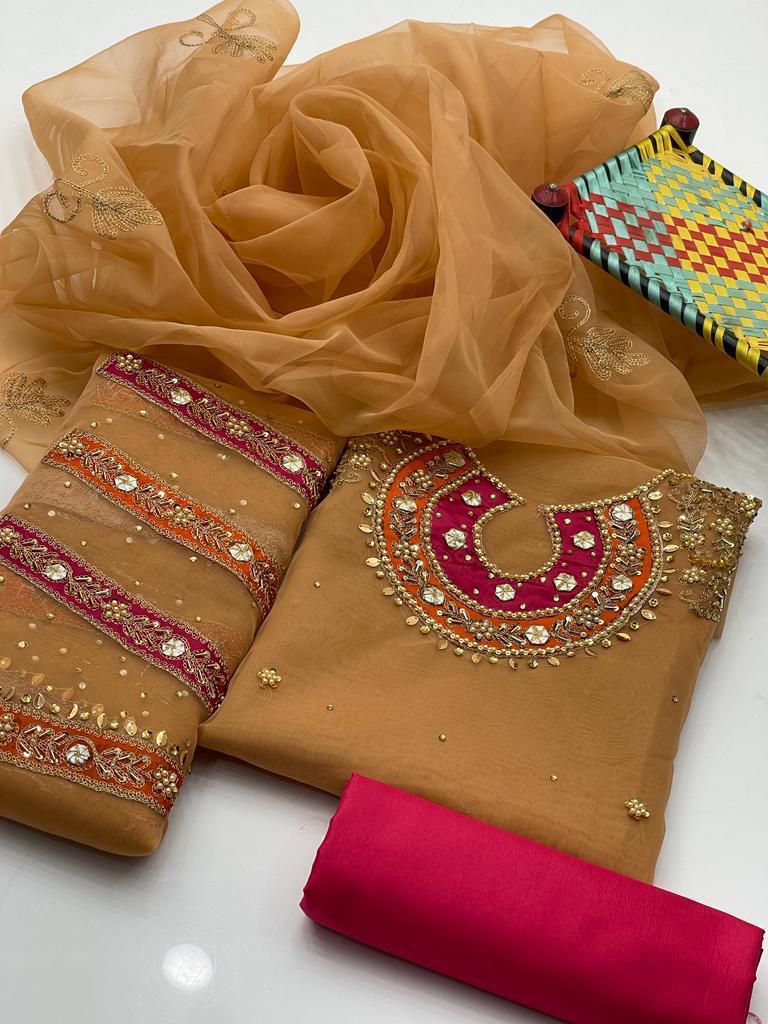 Handcrafted Organza 3-Piece Suit | Gol Galla Embroidered Dress