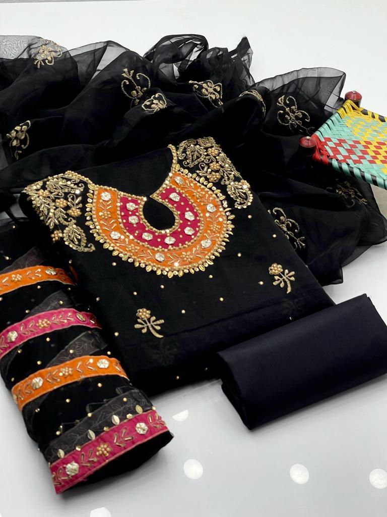 Handcrafted Organza 3-Piece Suit | Gol Galla Embroidered Dress