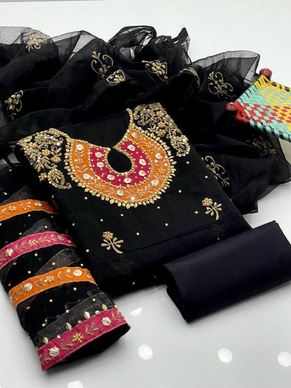 Handcrafted Organza 3-Piece Suit | Gol Galla Embroidered Dress