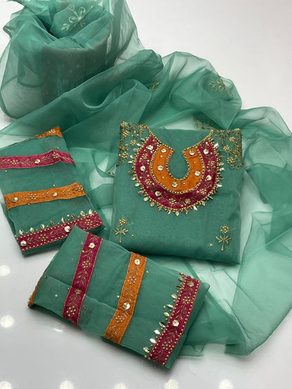 Handcrafted Organza 3-Piece Suit | Gol Galla Embroidered Dress