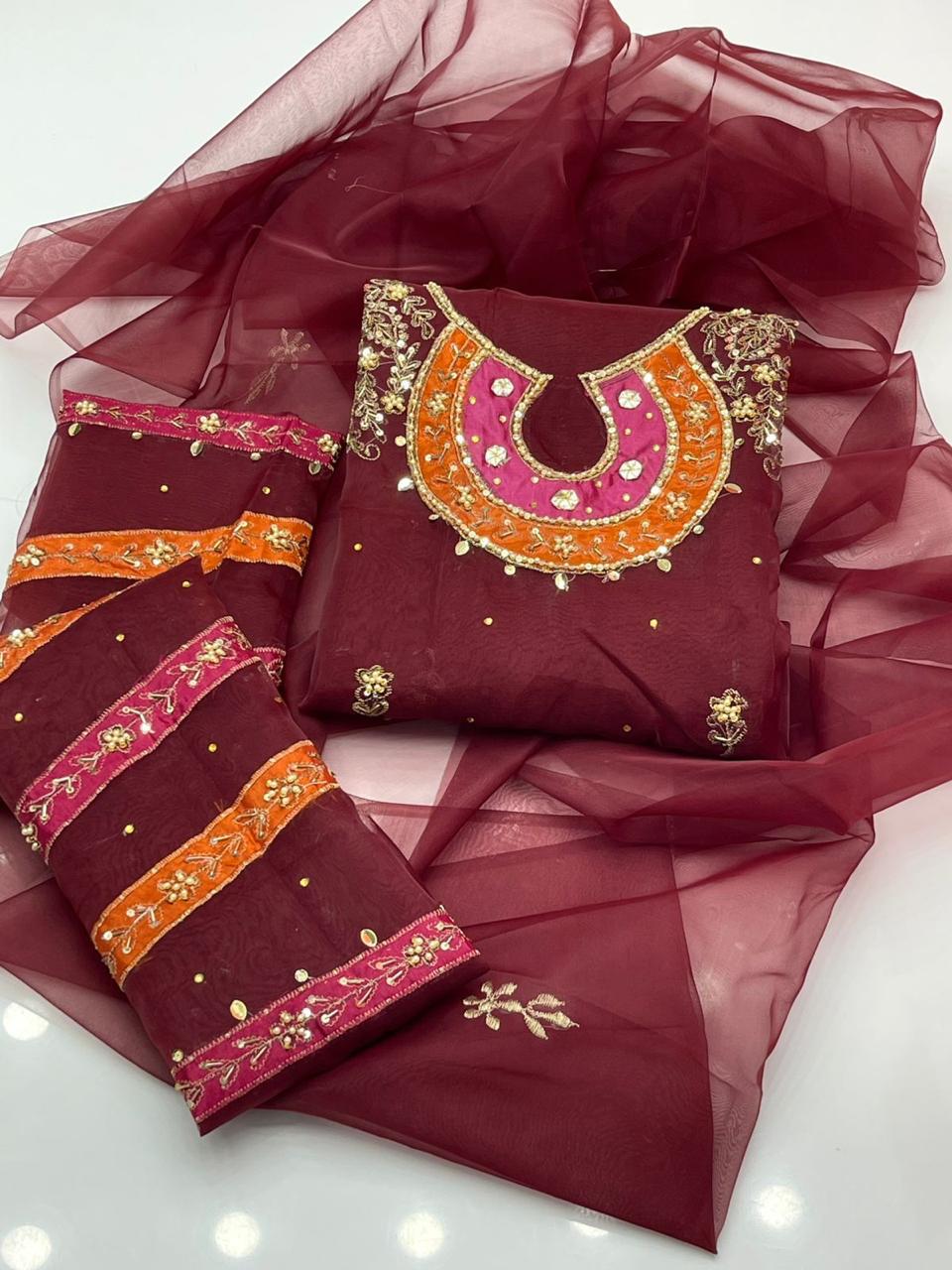 Handcrafted Organza 3-Piece Suit | Gol Galla Embroidered Dress