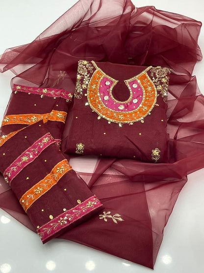 Handcrafted Organza 3-Piece Suit | Gol Galla Embroidered Dress