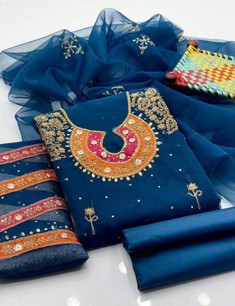 Handcrafted Organza 3-Piece Suit | Gol Galla Embroidered Dress