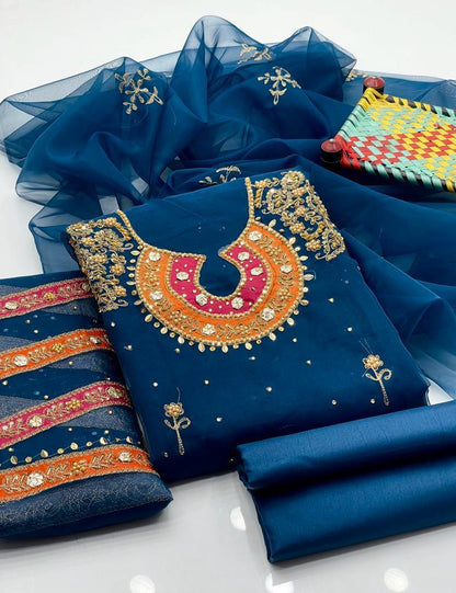 Handcrafted Organza 3-Piece Suit | Gol Galla Embroidered Dress
