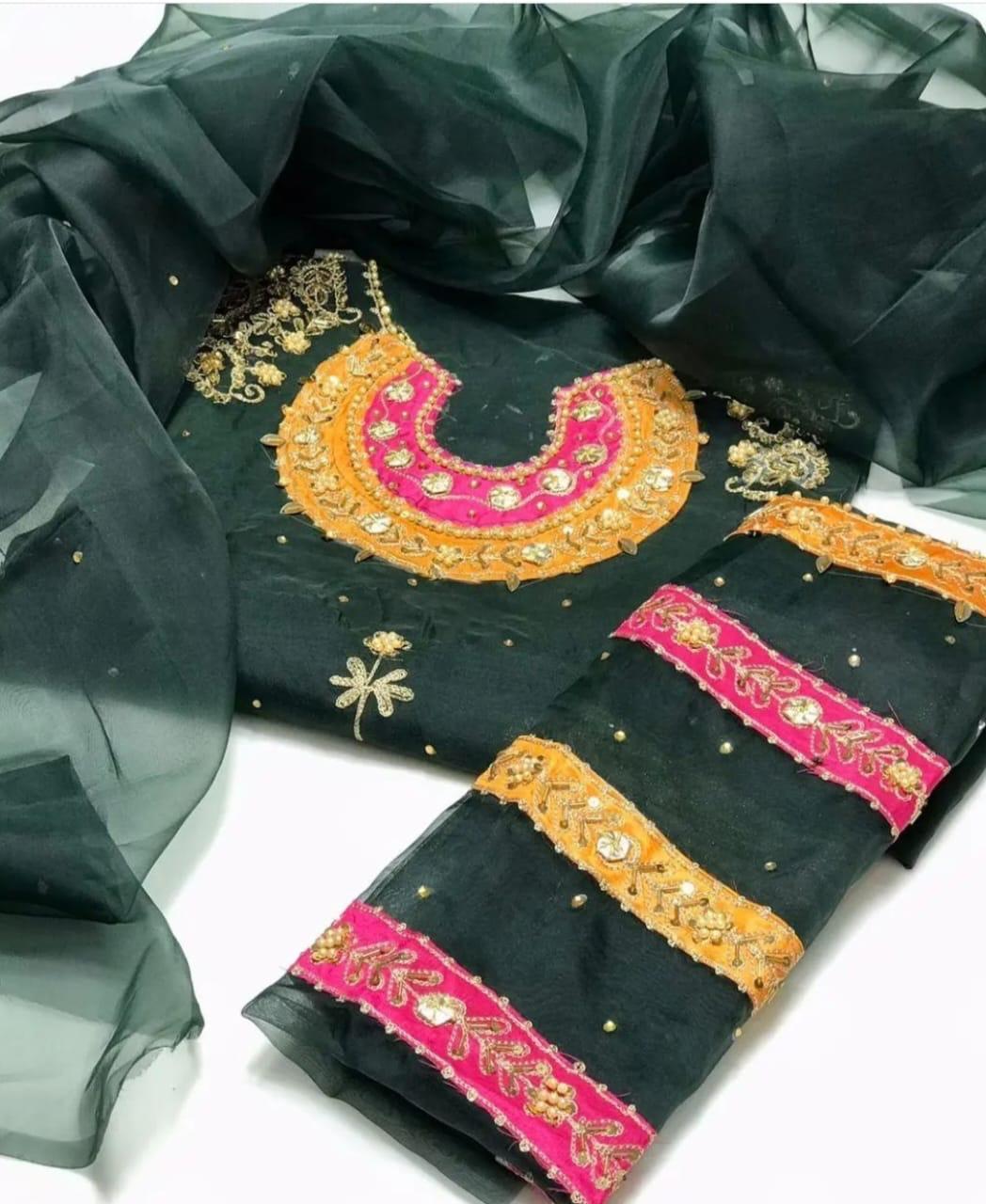 Handcrafted Organza 3-Piece Suit | Gol Galla Embroidered Dress