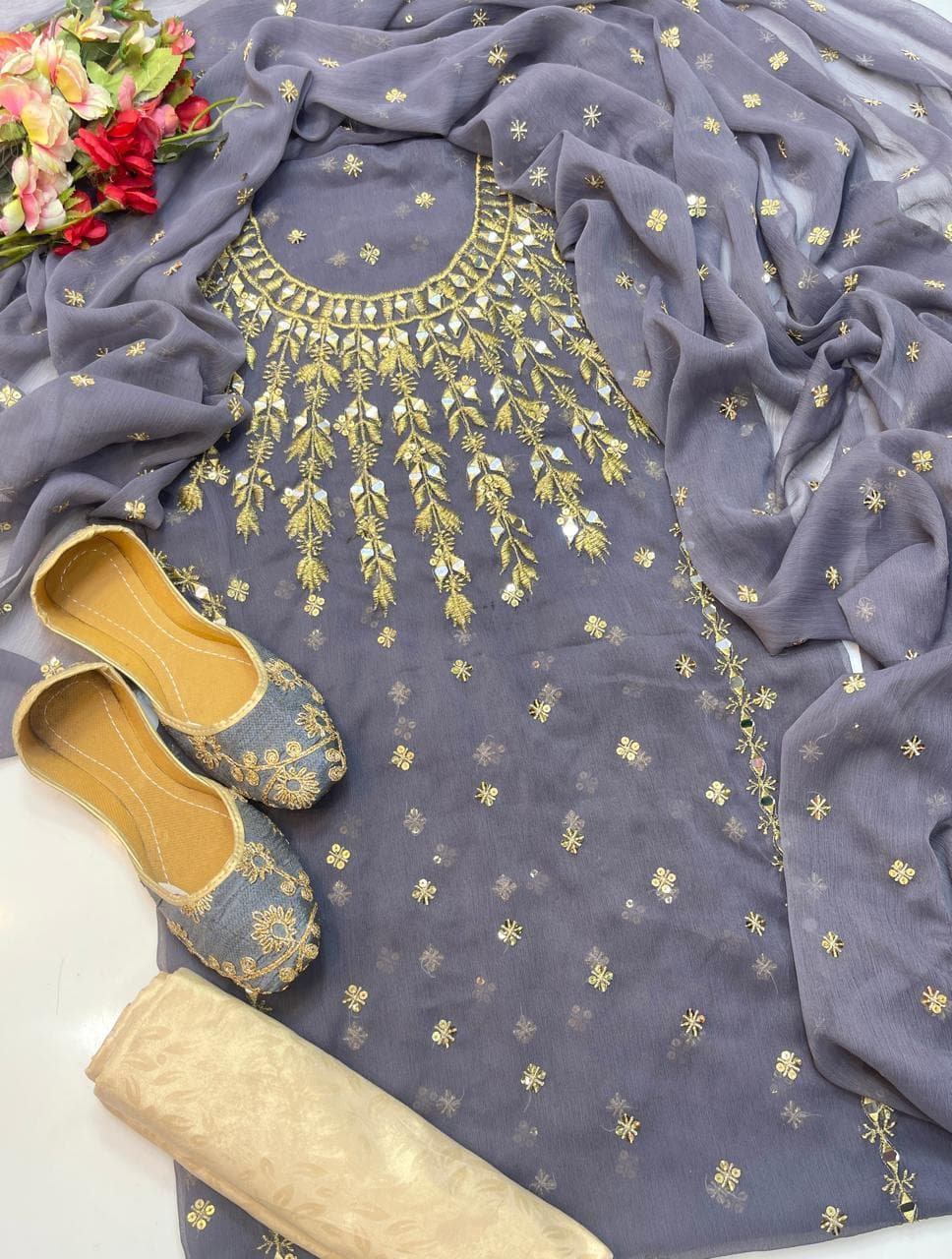 Chiffon Boti Mirror Work 4-Piece Suit