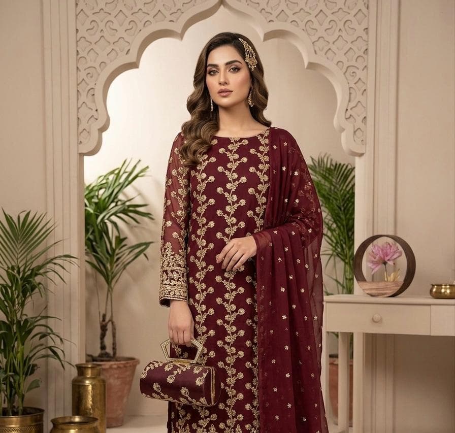 Fancy Chiffon Embroidered 5-Piece Suit