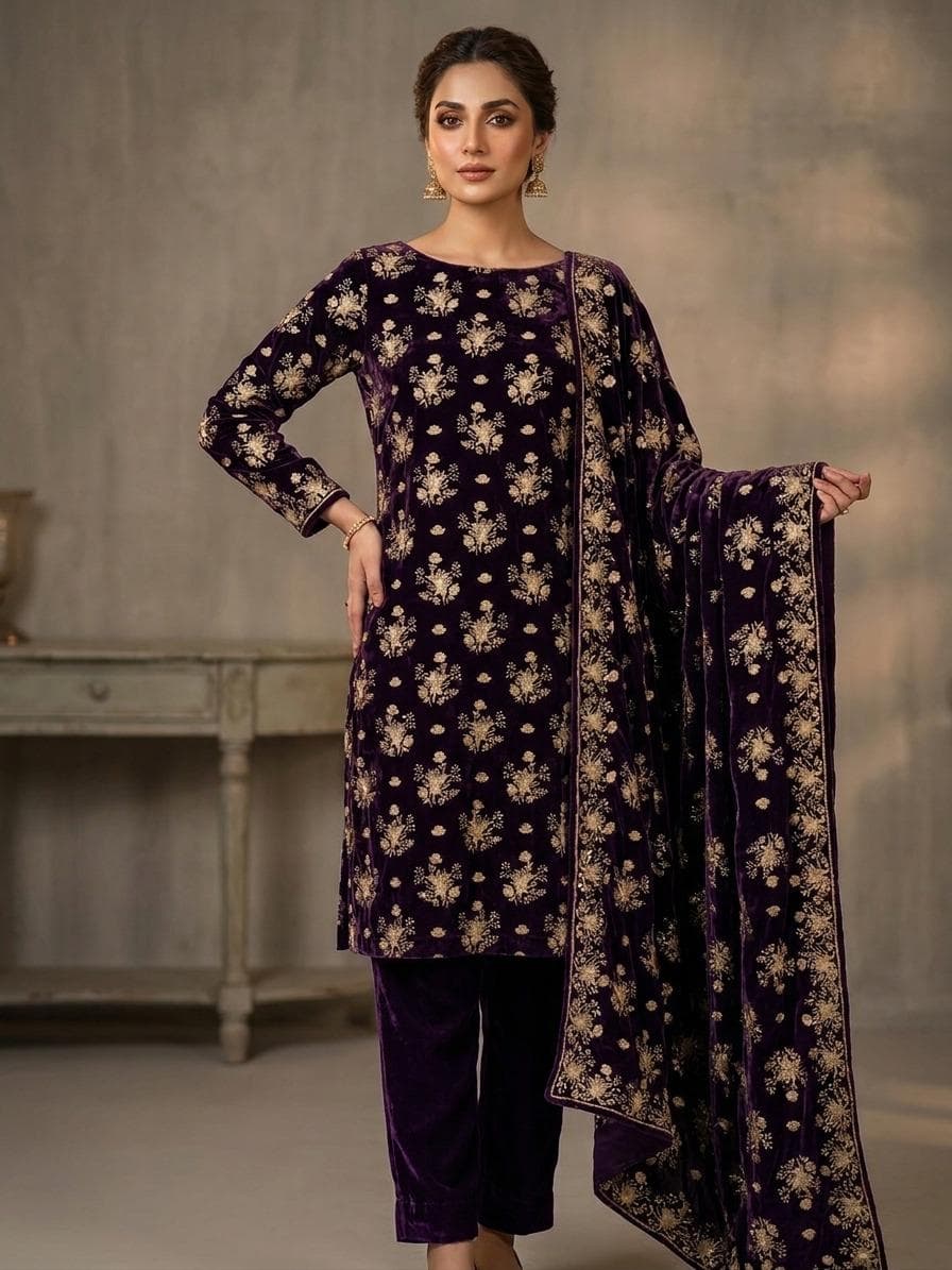 Embroidered Velvet 3-Piece Suit