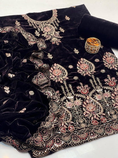 Heavy Zari Embroidered Velvet 3-Piece Suit