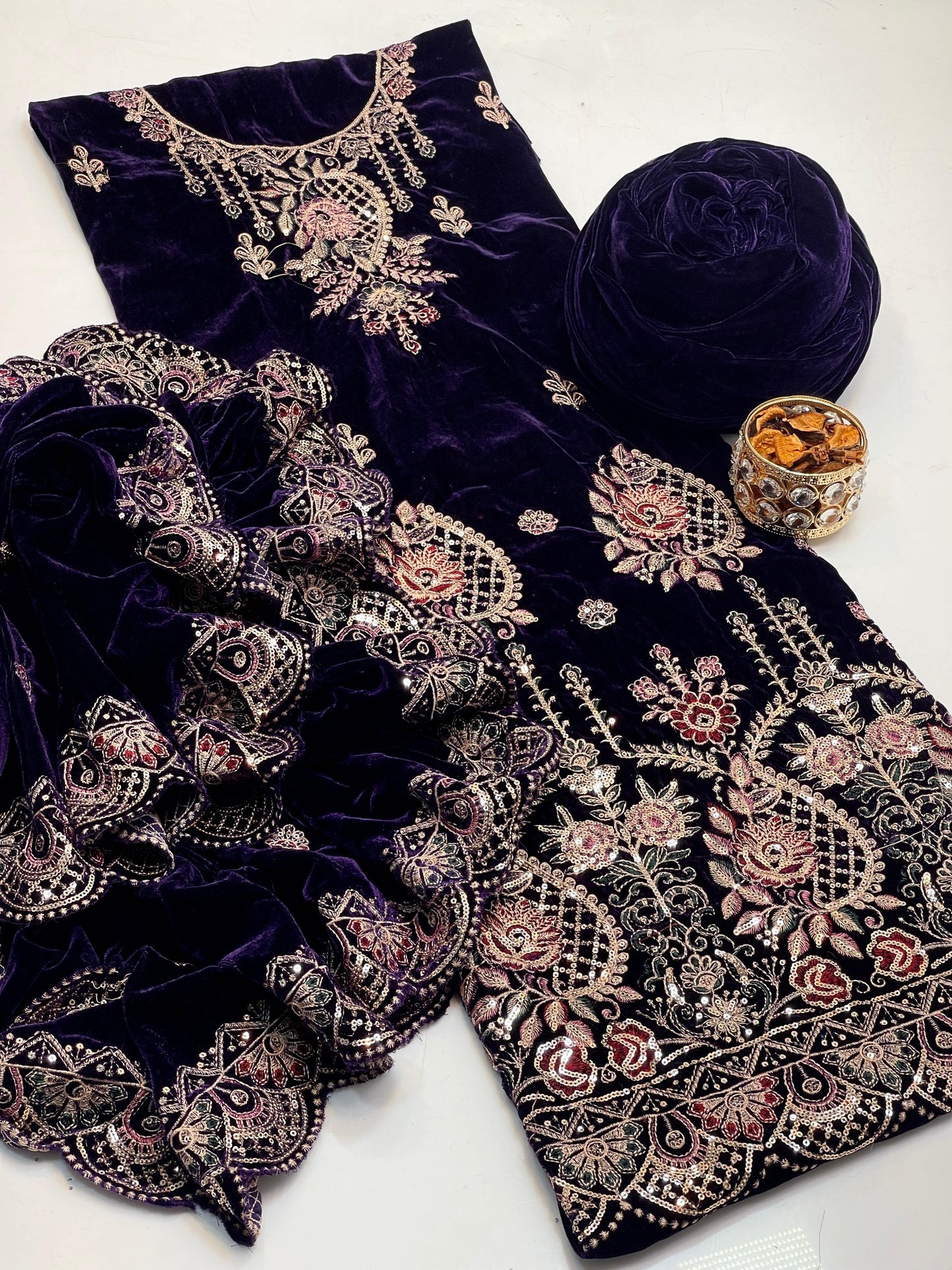 Heavy Zari Embroidered Velvet 3-Piece Suit