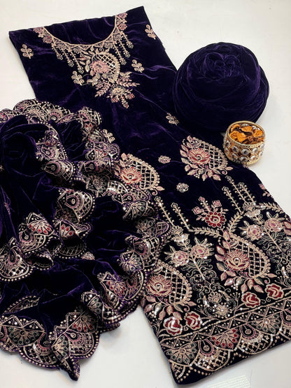 Heavy Zari Embroidered Velvet 3-Piece Suit