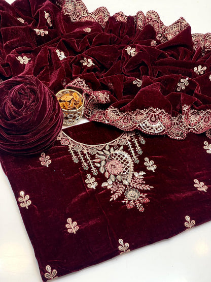 Heavy Zari Embroidered Velvet 3-Piece Suit