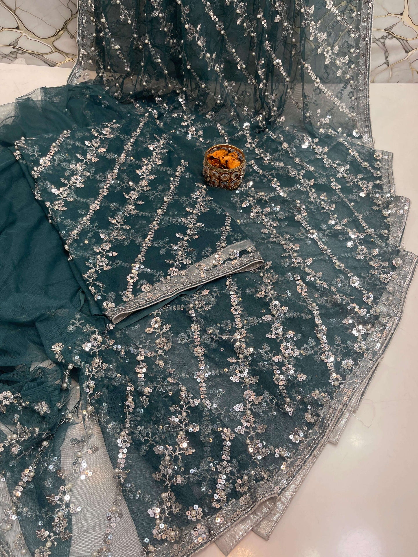 Pearl Embroidered Soft Net Saree