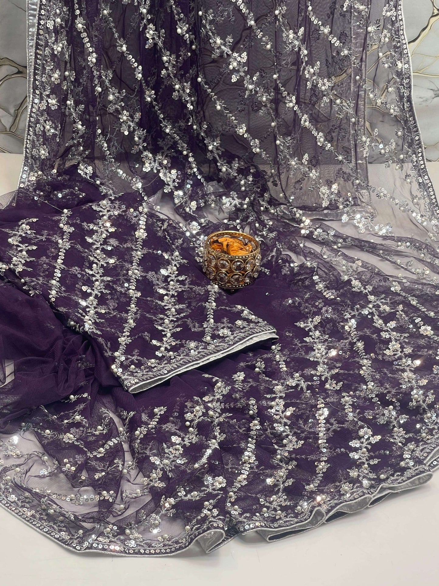Pearl Embroidered Soft Net Saree