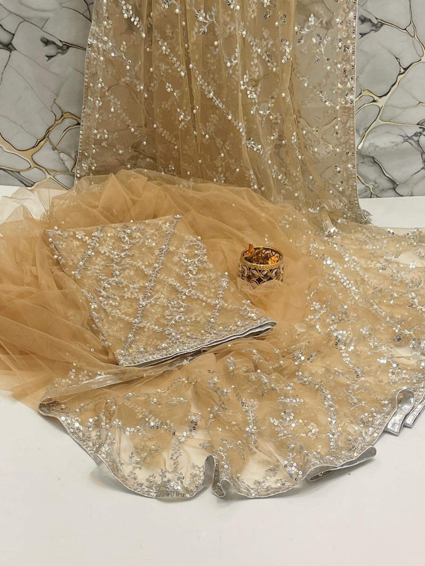 Pearl Embroidered Soft Net Saree