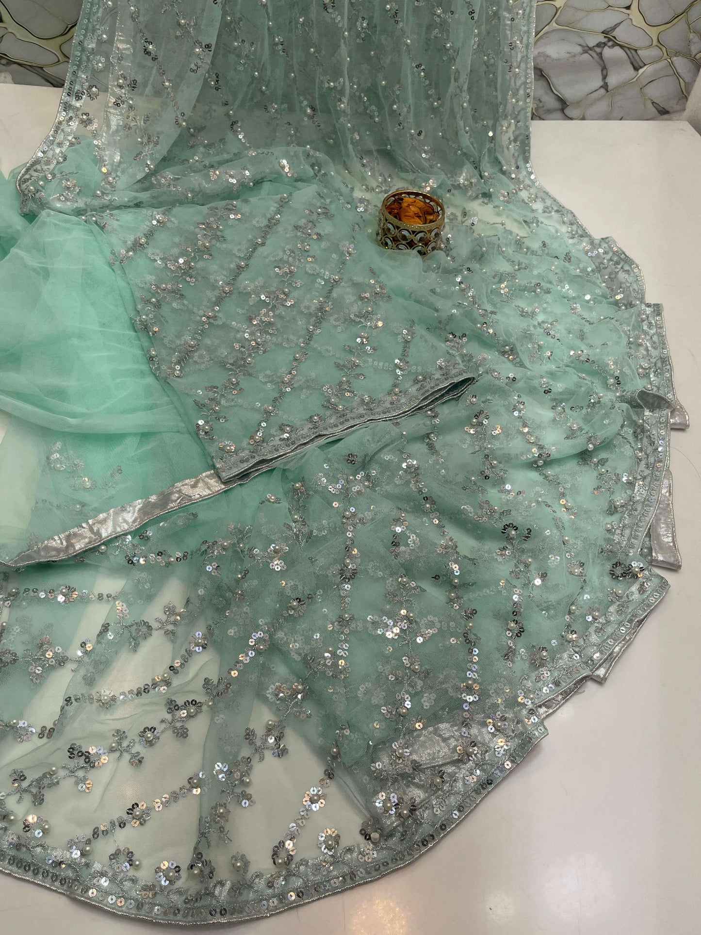 Pearl Embroidered Soft Net Saree