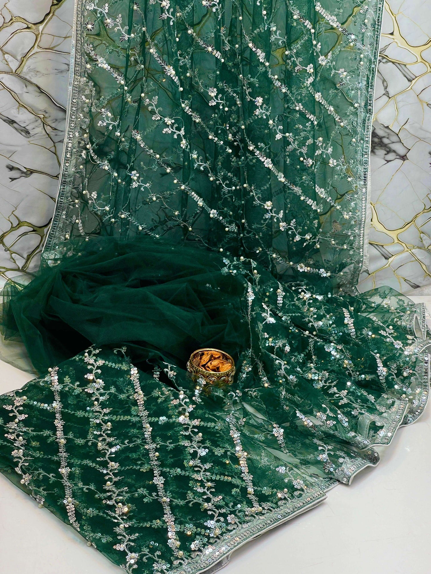 Pearl Embroidered Soft Net Saree