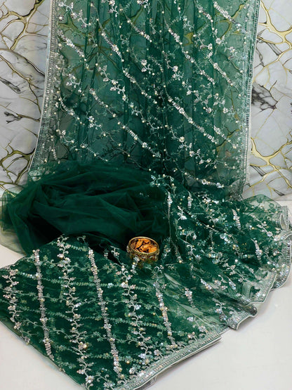 Pearl Embroidered Soft Net Saree