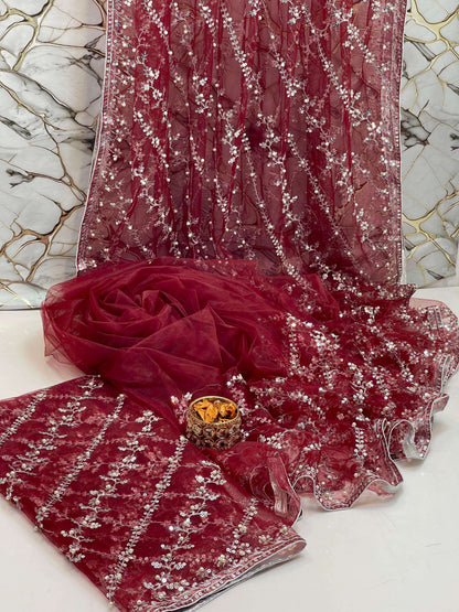 Pearl Embroidered Soft Net Saree