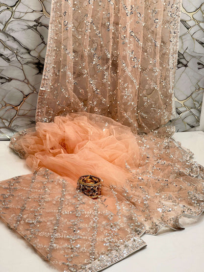 Pearl Embroidered Soft Net Saree