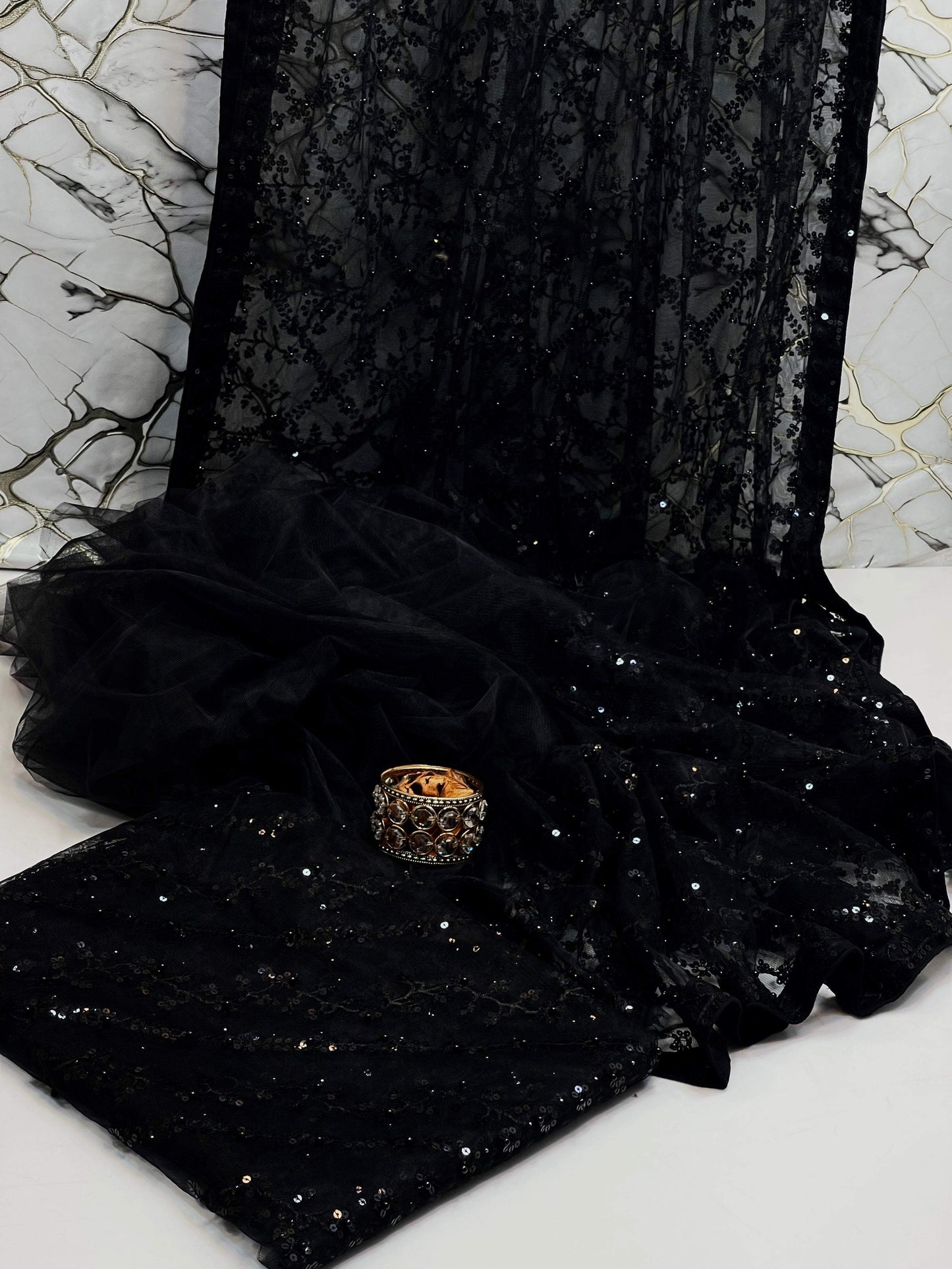 Pearl Embroidered Soft Net Saree