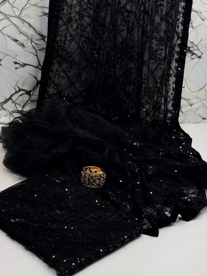Pearl Embroidered Soft Net Saree