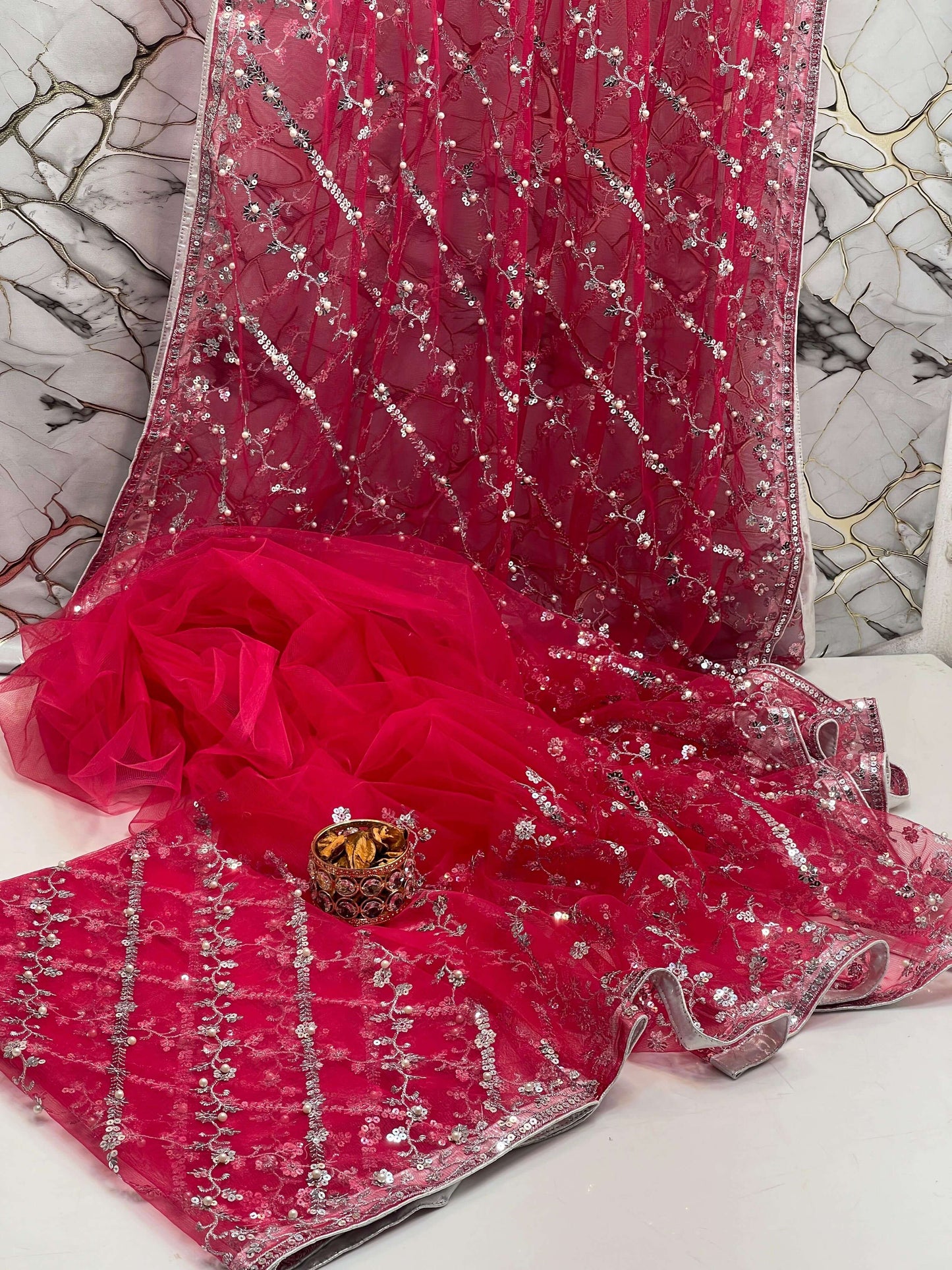 Pearl Embroidered Soft Net Saree
