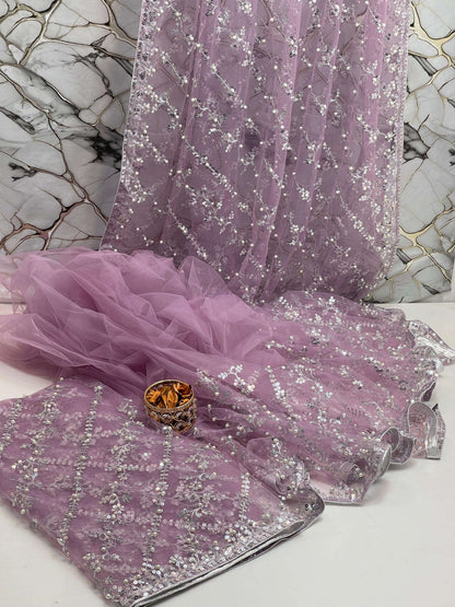 Pearl Embroidered Soft Net Saree