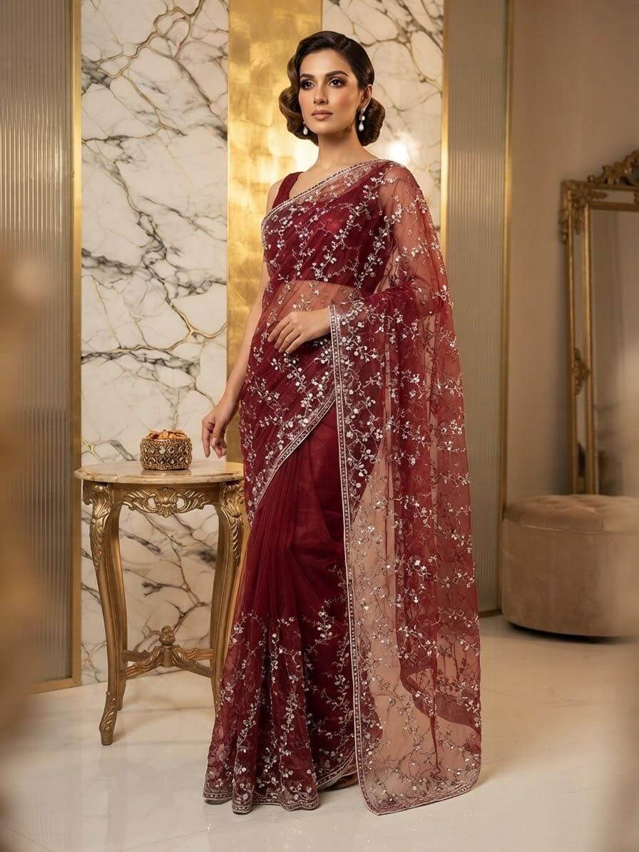 Pearl Embroidered Soft Net Saree