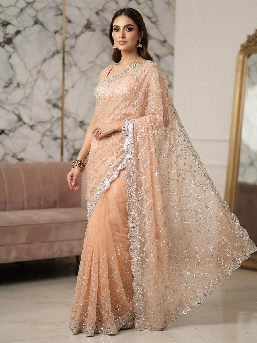 Pearl Embroidered Soft Net Saree