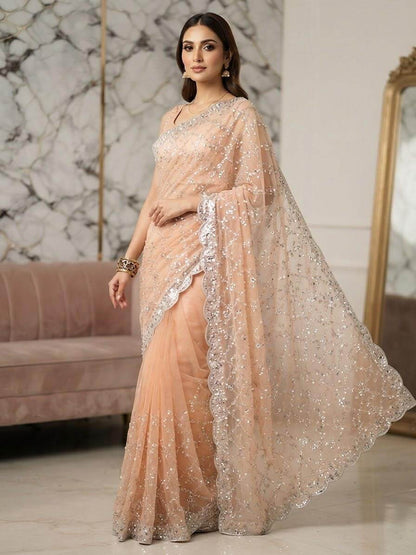 Pearl Embroidered Soft Net Saree