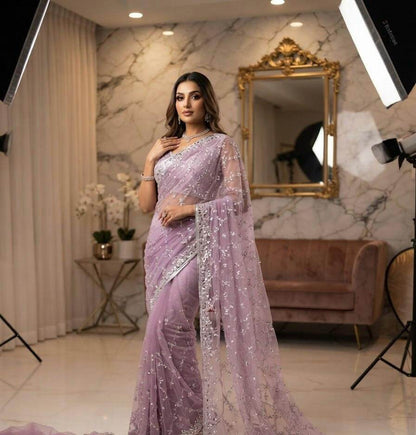 Pearl Embroidered Soft Net Saree