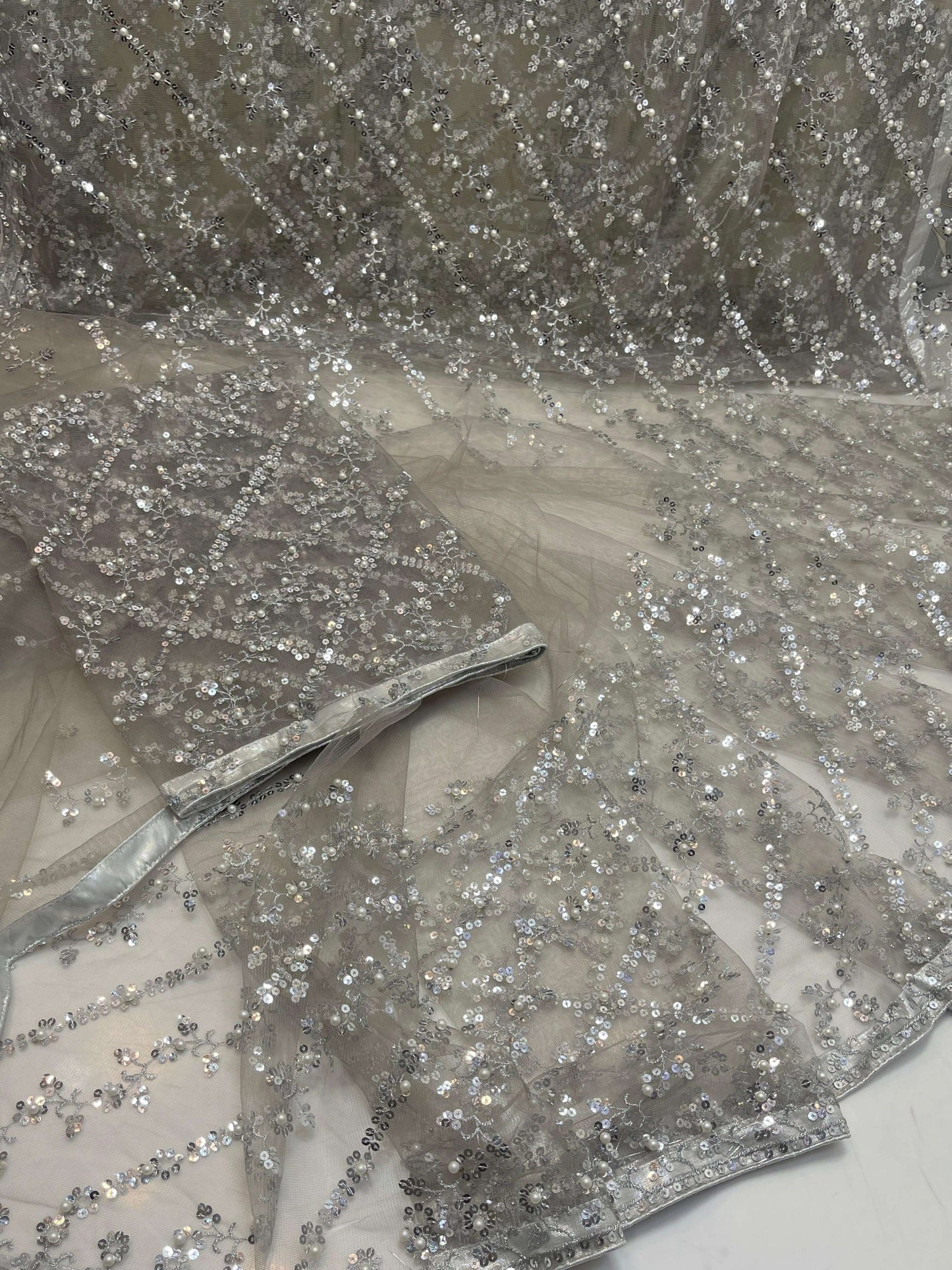 Pearl Embroidered Soft Net Saree