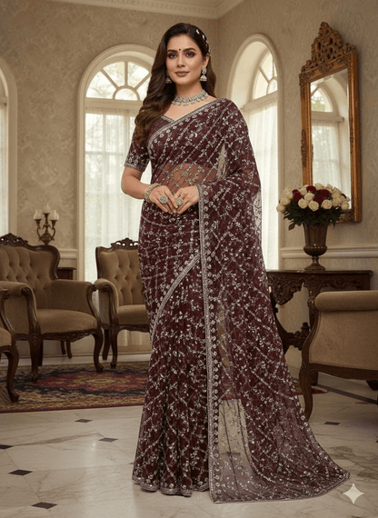 Pearl Embroidered Soft Net Saree