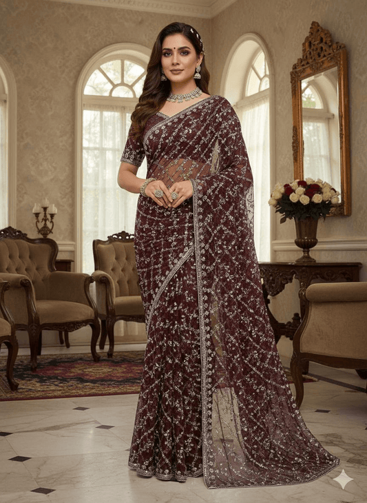 Pearl Embroidered Soft Net Saree