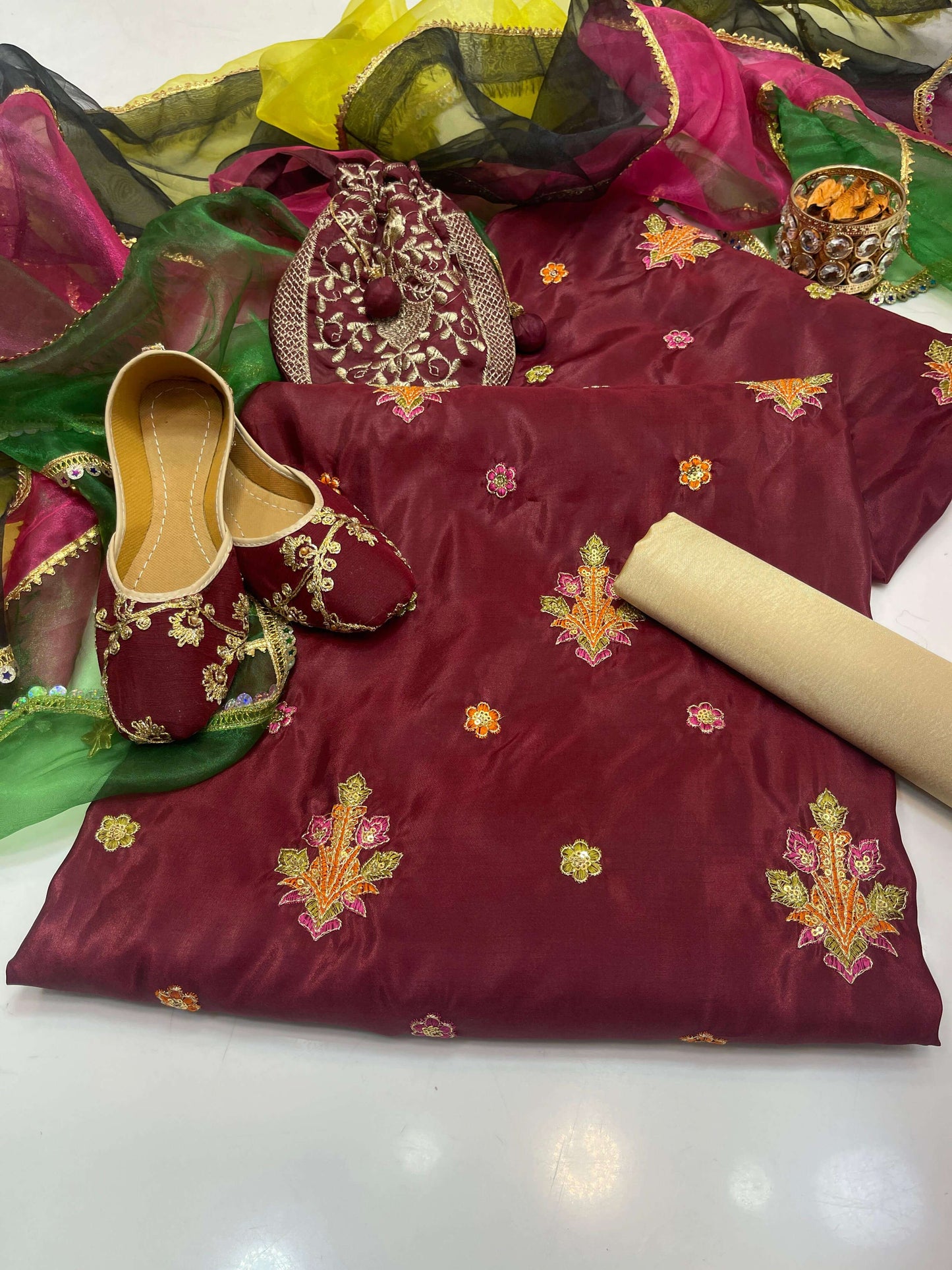 Silky Embroidered 5-Piece Fancy Suit