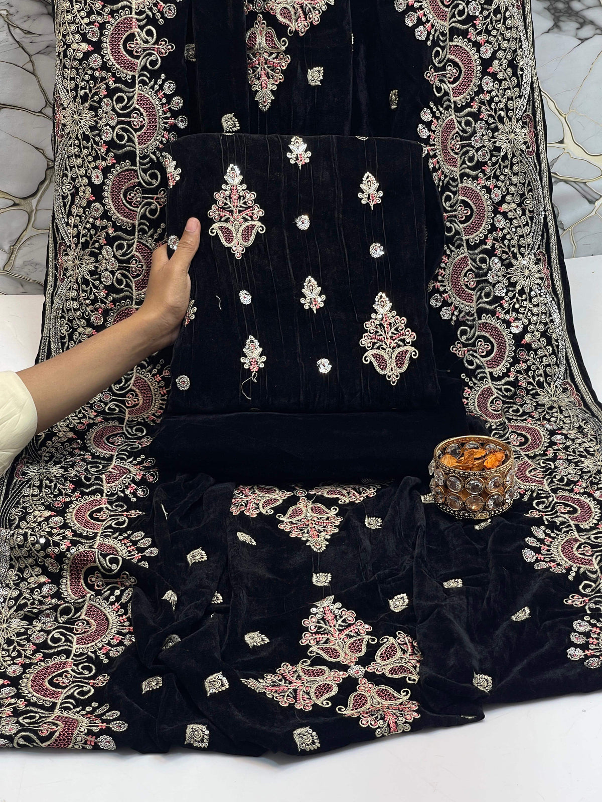 Embroidered Micro Velvet 3-Piece Suit