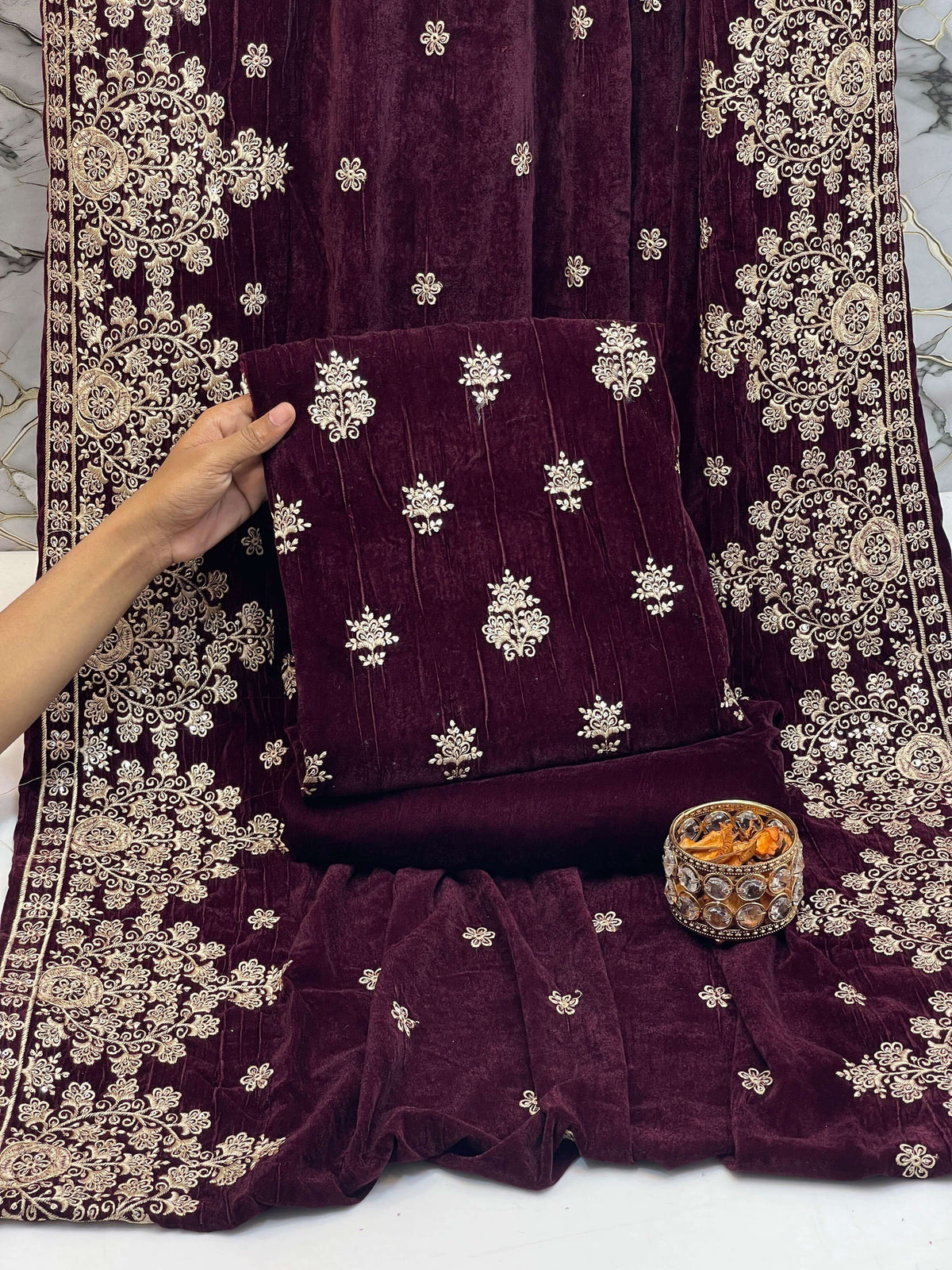 Embroidered Micro Velvet 3-Piece Suit