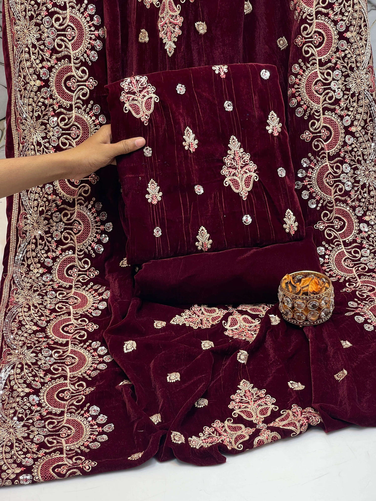 Embroidered Micro Velvet 3-Piece Suit