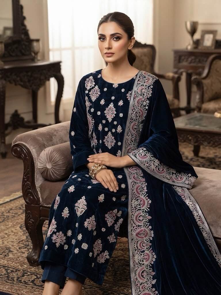 Embroidered Micro Velvet 3-Piece Suit